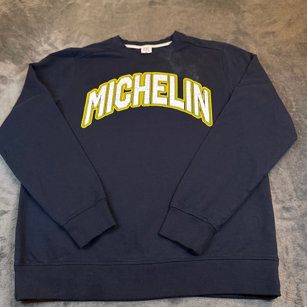 District Michelin Re-Fleece Sweatshirt Mens Large Navy Blue Graphic Crewneck
